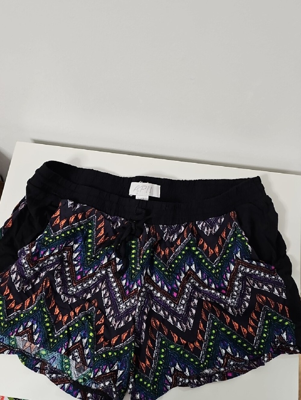 Boho Chevron Print Drawstring Women's Shorts - Black/Multi Women XL